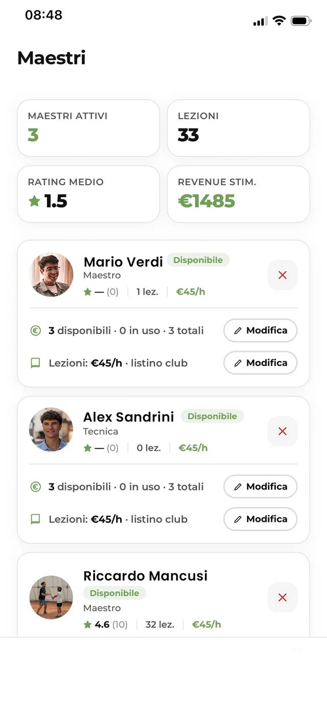 Elenco dei maestri e lezioni nell'app Xrebound