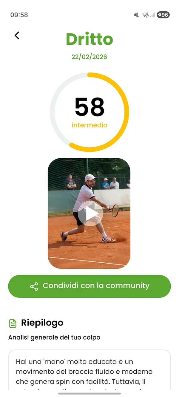 The TennisIA screen with a shot score and analysis
