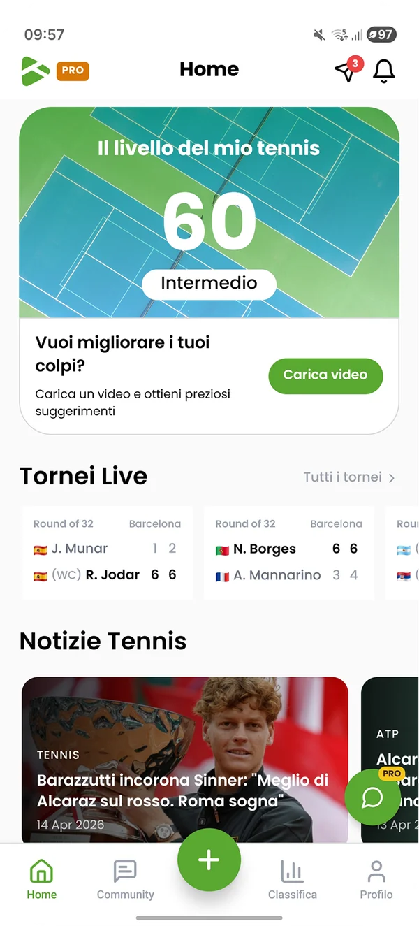 The TennisIA home screen with the player's level