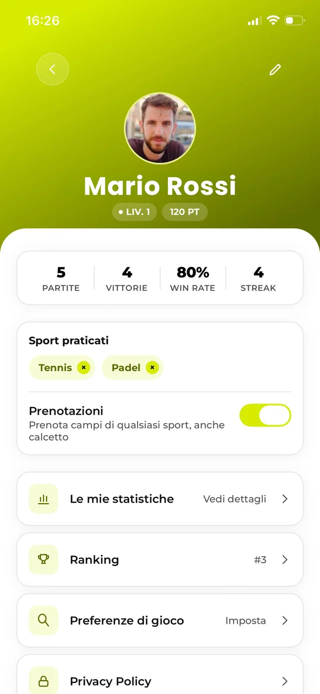 Profilo giocatore Xrebound con statistiche e livello sportivo